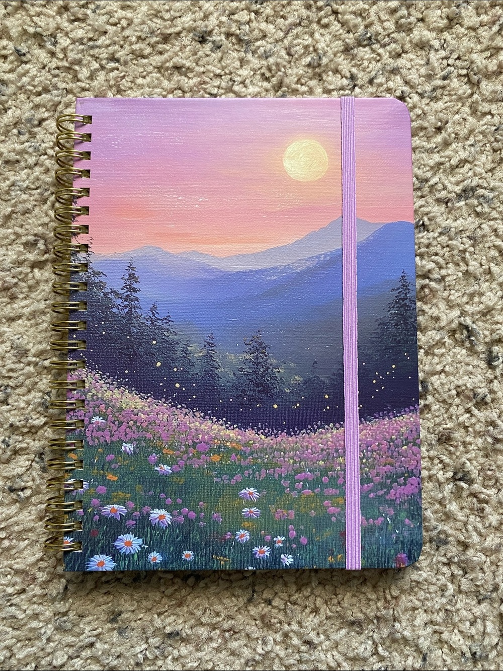 Sunset Meadow Spiral Journal with a Lavender Elastic Closure (brand new)